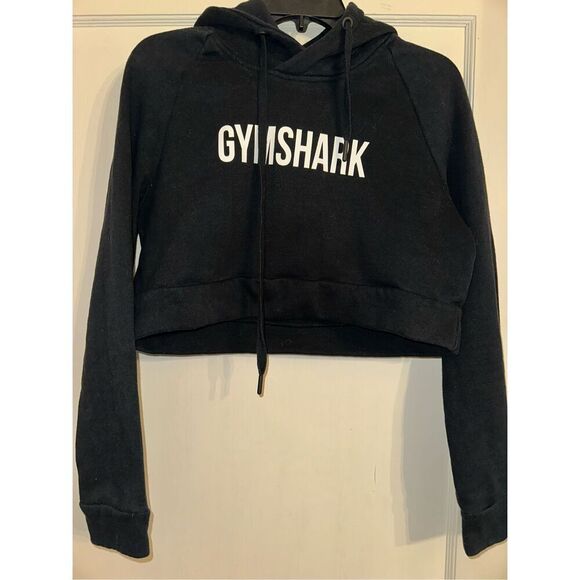 Gymshark Cropped Hoodie Women's Medium Black Pullover Sweatshirt Long Sleeve - Picture 1 of 5
